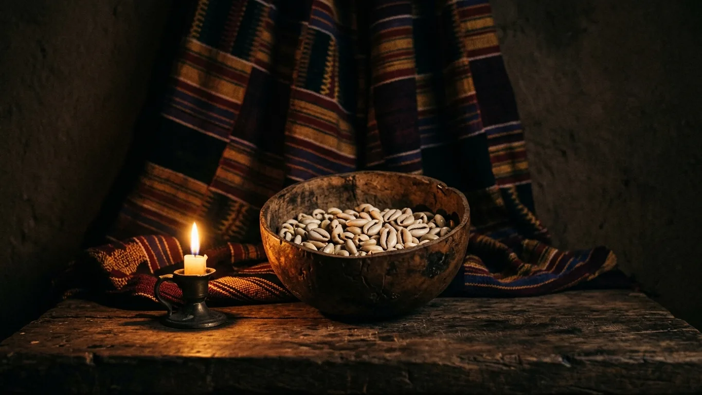 West African cloth, a calabash and cowrie shells