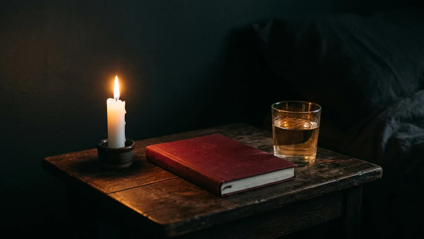 Bedside table with water, a journal and a white candle
