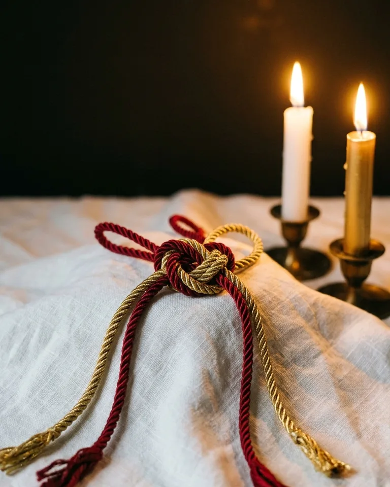 Red and gold cords tied into one knot