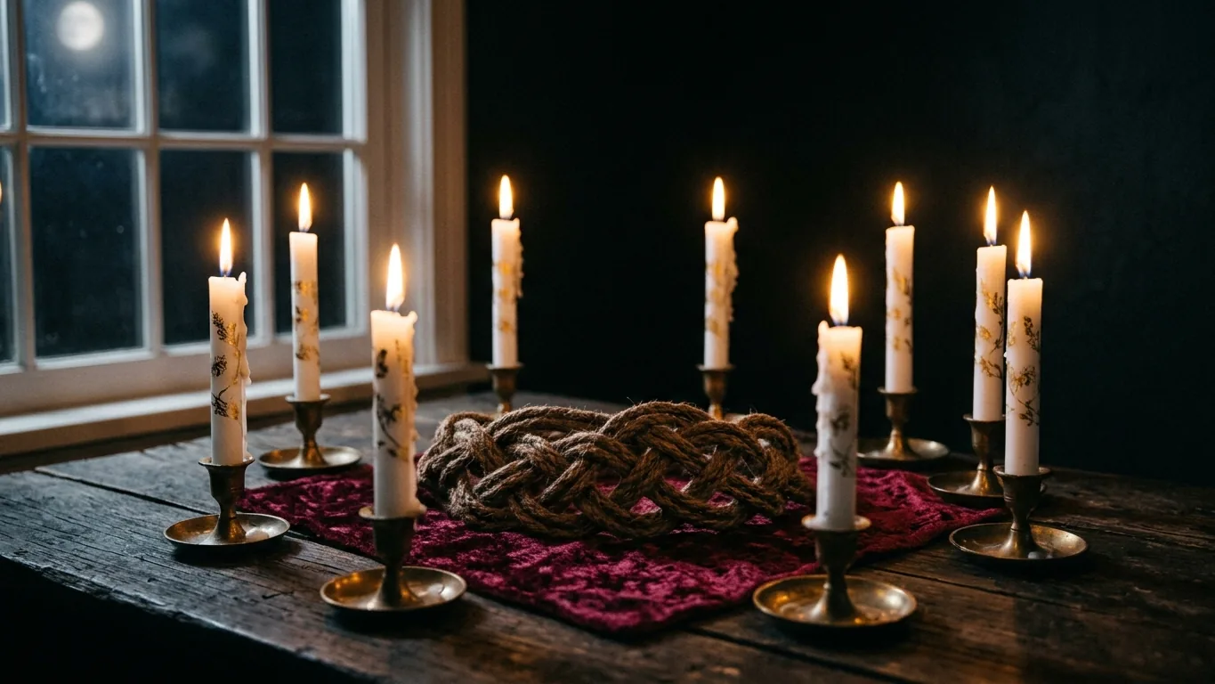 White and gold candles around a knotted cord