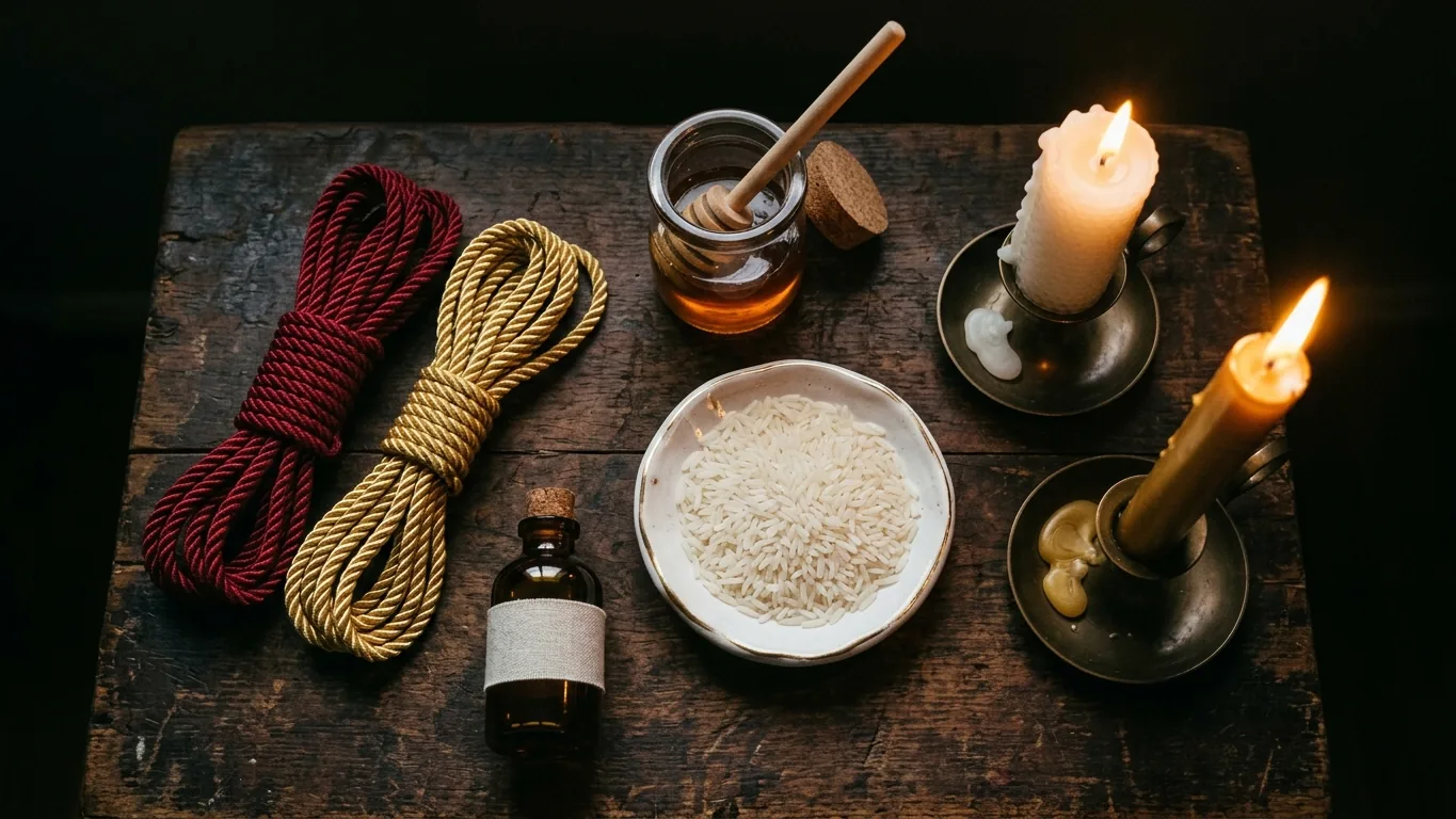 Marriage materials: two cords, candles, honey and rice