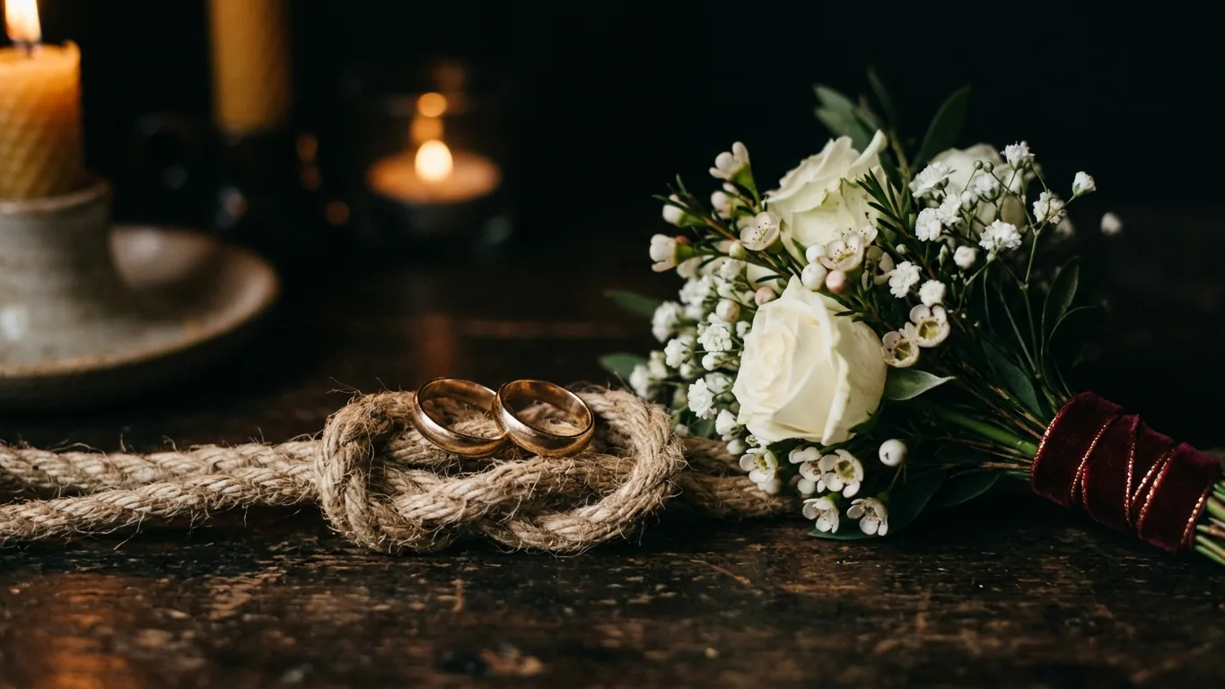 Wedding rings on a knotted cord with white flowers