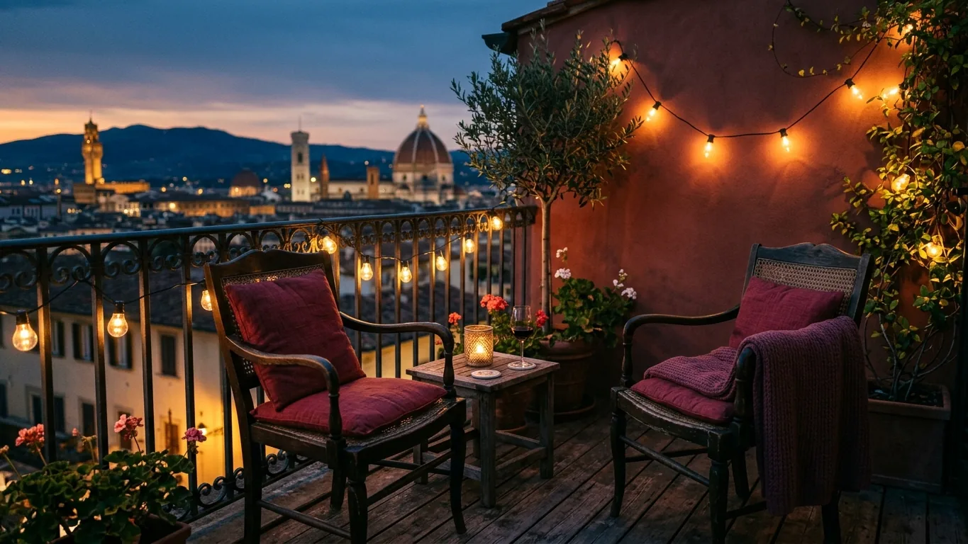 Two chairs on a balcony under string lights